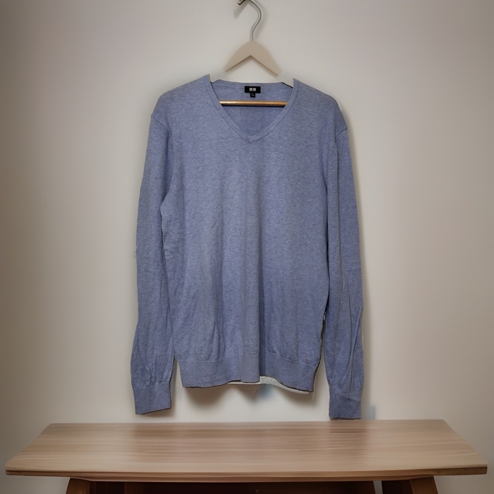 Uniqlo Men's Cotton Cashmere V-Neck Sweater Heathered Blue Preppy Casual XL